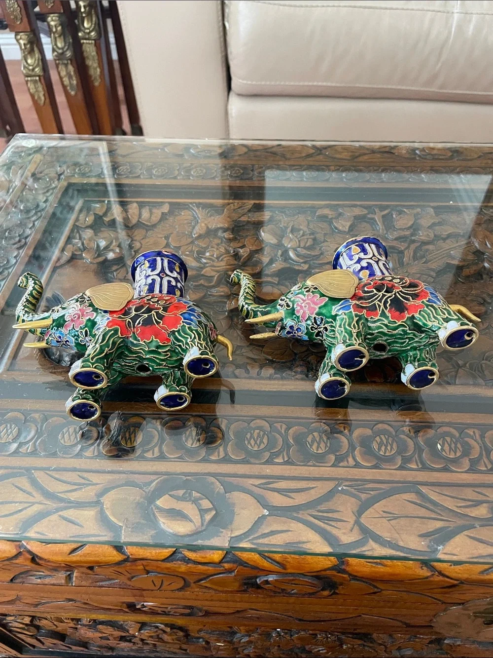 Vintage Pair of Chinese Cloisonne Elephant Candle Stick Holders